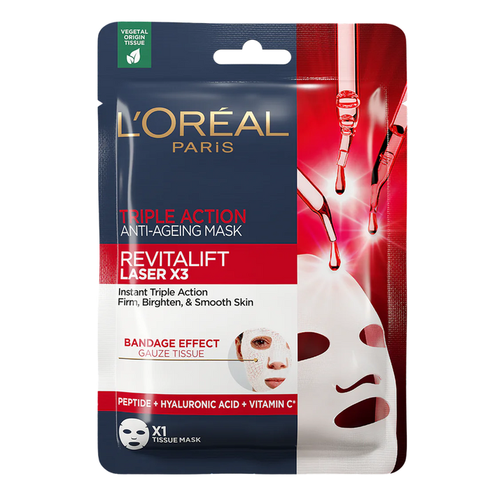 L’Oréal Revitalift Laser Triple Action Tissue Mask 28.0g, multi-action sheet mask that firms, hydrates, and brightens skin