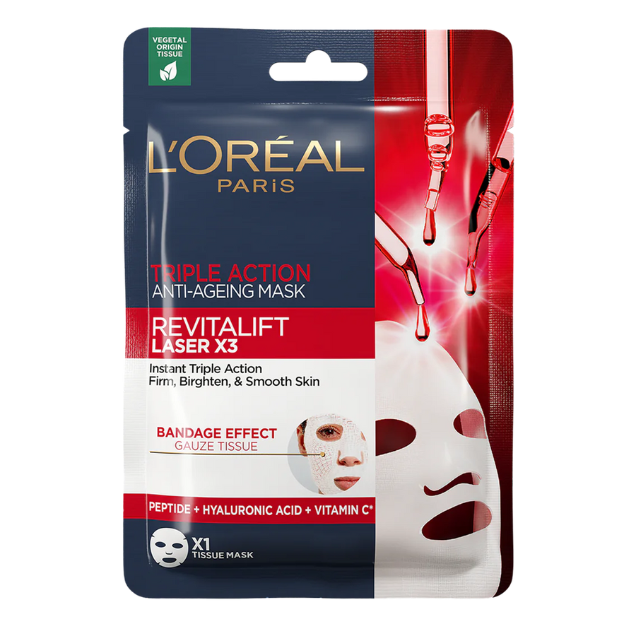 L’Oréal Revitalift Laser Triple Action Tissue Mask 28.0g, multi-action sheet mask that firms, hydrates, and brightens skin