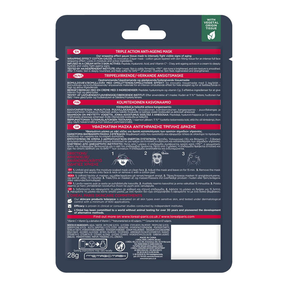 L’Oréal Revitalift Laser Triple Action Tissue Mask 28.0g ingredients list, key actives: hyaluronic acid, peptides, vitamin Cg