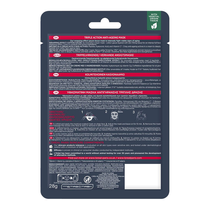 L’Oréal Revitalift Laser Triple Action Tissue Mask 28.0g ingredients list, key actives: hyaluronic acid, peptides, vitamin Cg