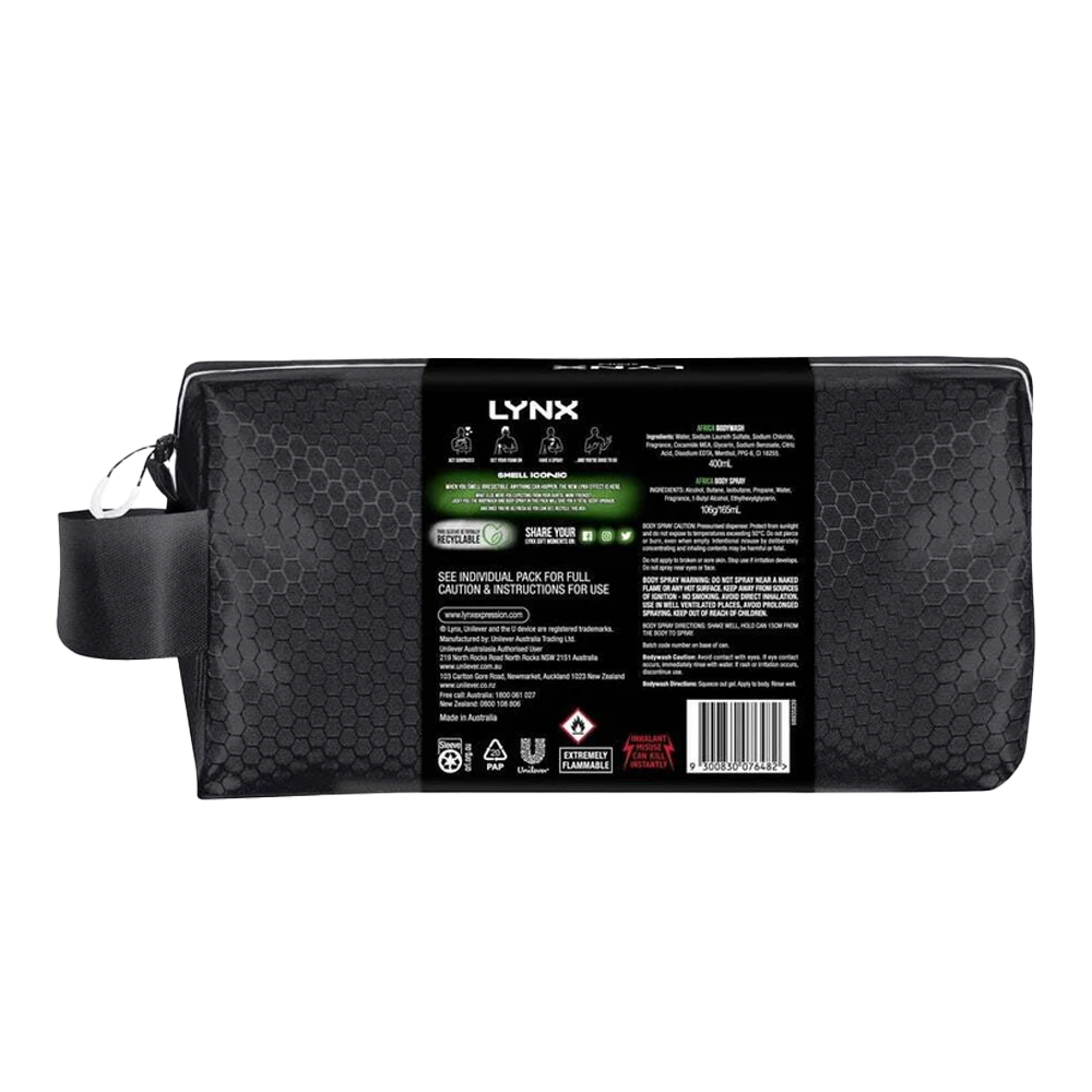Lynx Africa black washbag back view with zip
