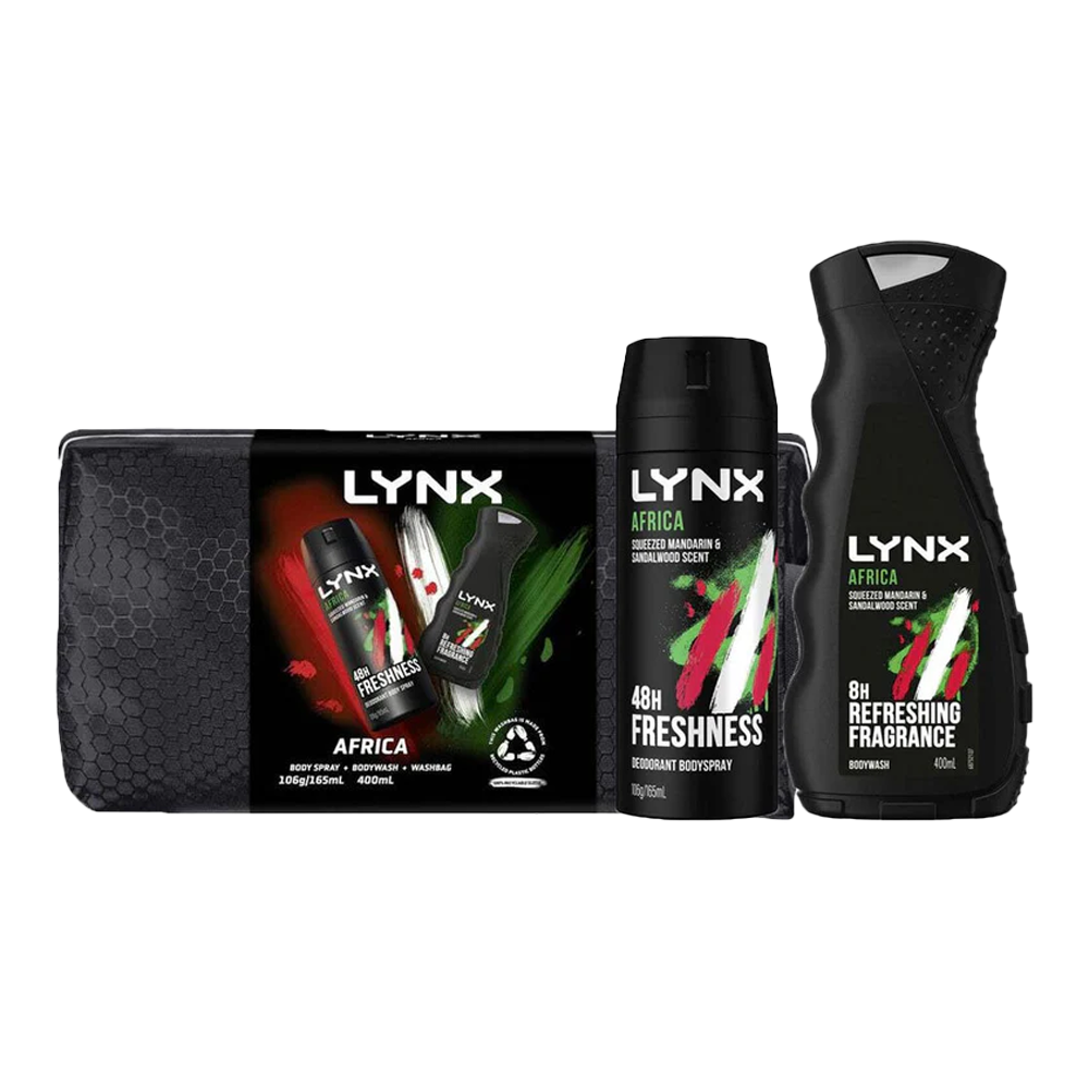 Lynx Africa 3 Piece Washbag Gift Set with body wash, body spray and anti-perspirant