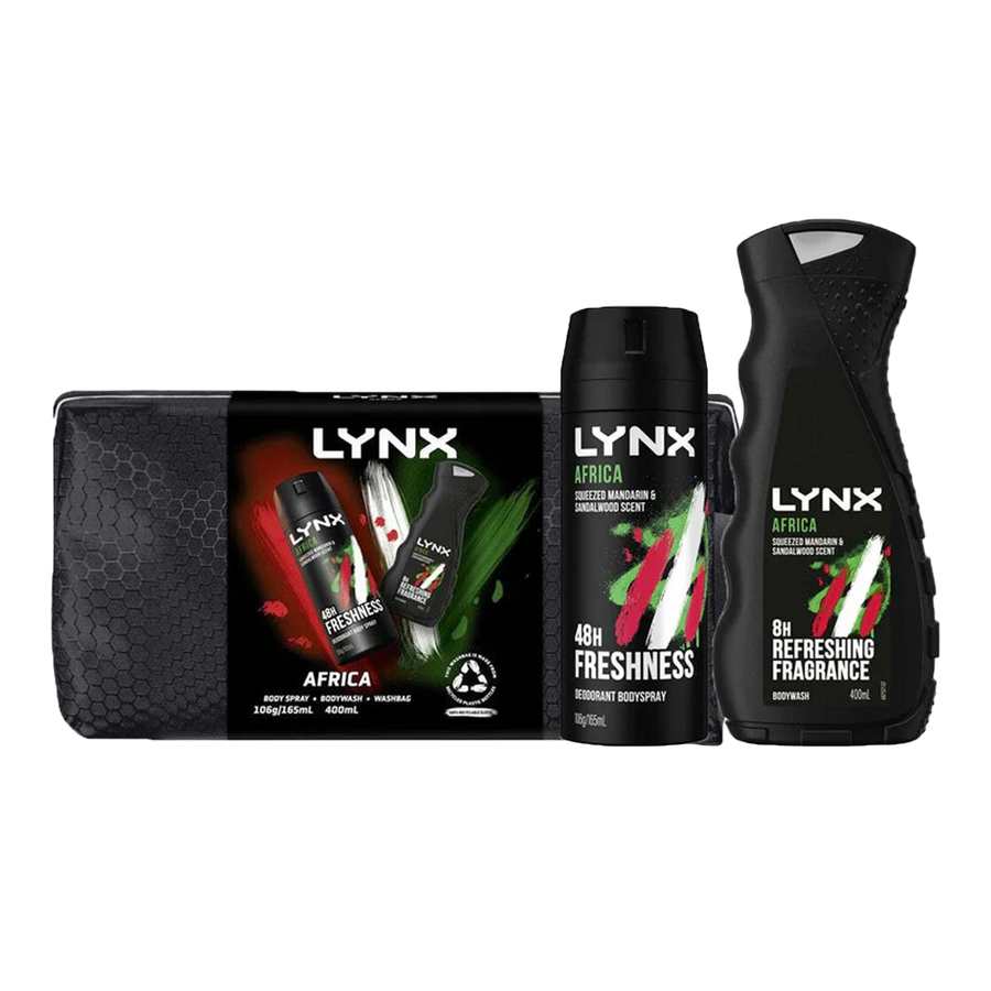 Lynx Africa 3 Piece Washbag Gift Set with body wash, body spray and anti-perspirant