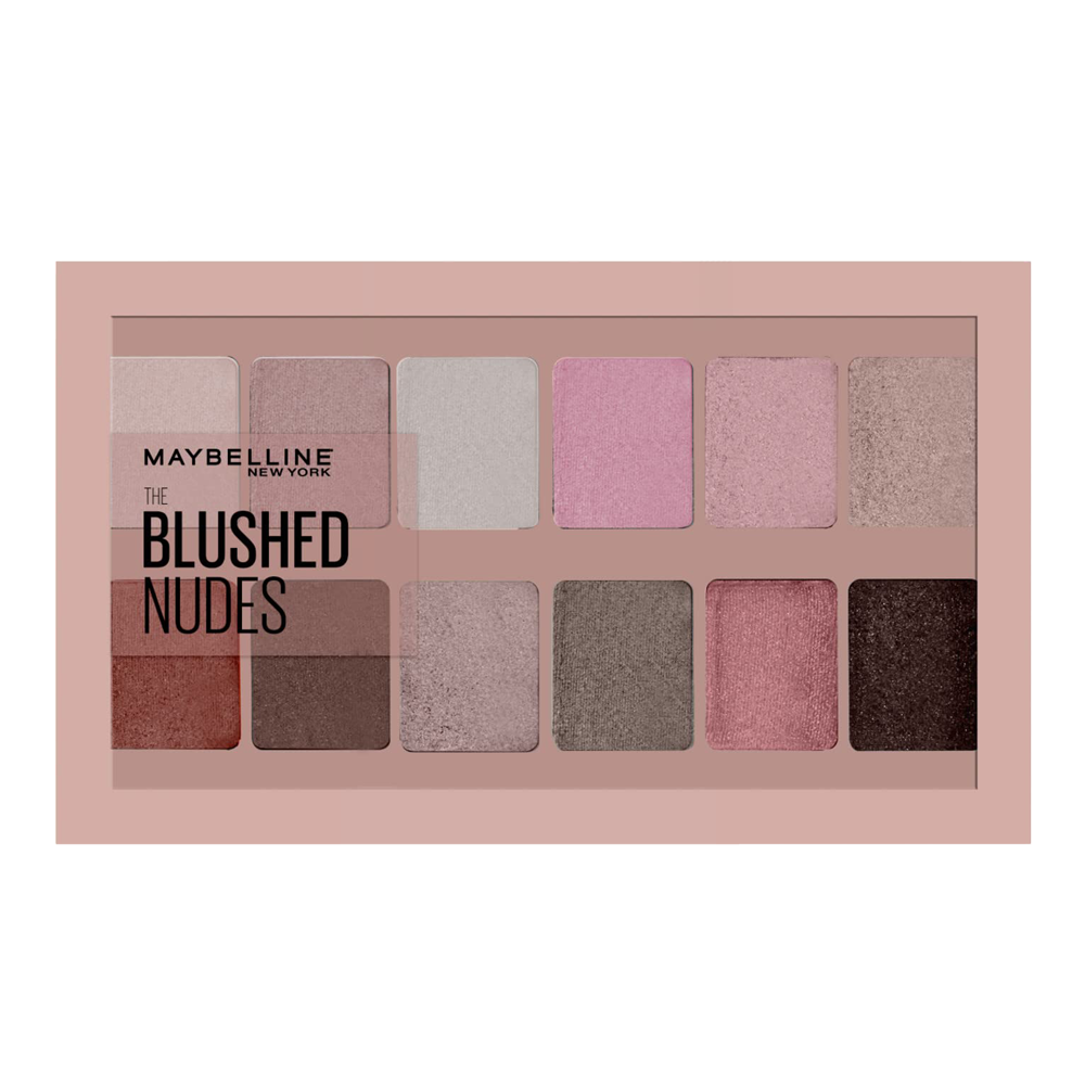 Maybelline Blushed Nudes Eyeshadow Palette with 12 rose gold shades for custom eye looks and blendable pigments