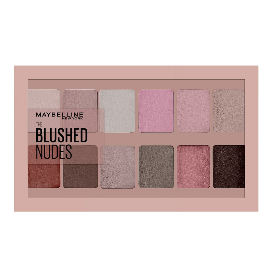 Maybelline Blushed Nudes Eyeshadow Palette with 12 rose gold shades for custom eye looks and blendable pigments
