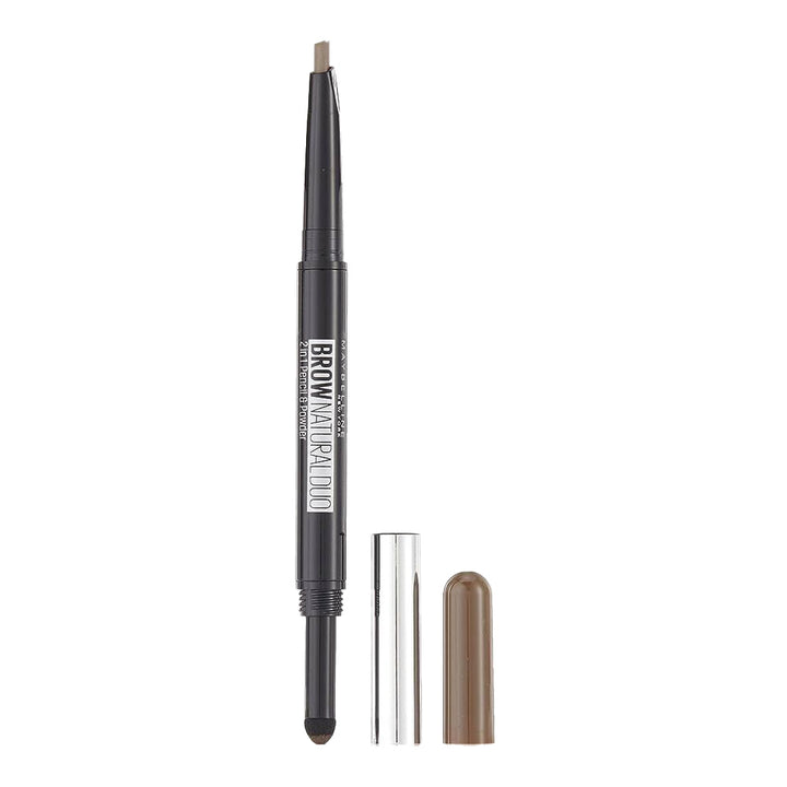 Maybelline Brow Natural Duo 0.65g Brown, open showing triangular pencil and powder sponge; waterproof, smudge-resistant
