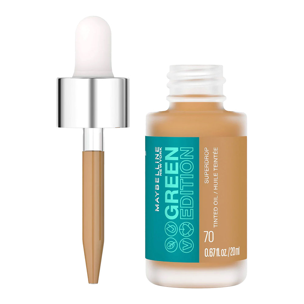 Maybelline Superdrop Tinted Oil 070 with skin-smoothing oil blend and dewy finish in recyclable 20ml format
