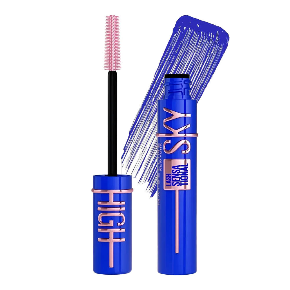 Maybelline Sky High Mascara Blue Mist & swatch – light blue formula with lengthening fibres, flexible volume & lifted finish