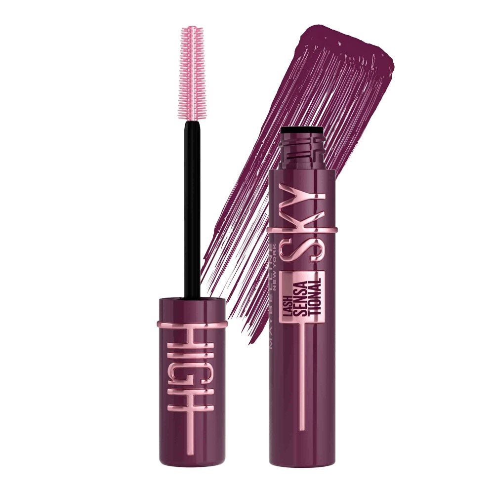 Maybelline Sky High Mascara Burgundy Haze swatch – burgundy tone with lengthening fibres, bold volume & lifted lash finish
