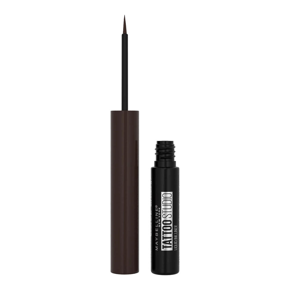 Maybelline Tattoo Studio Liquid Ink Liner 002 Dark Henna Brown open brush – waterproof eyeliner with sharp precision tip, Blush Fiji