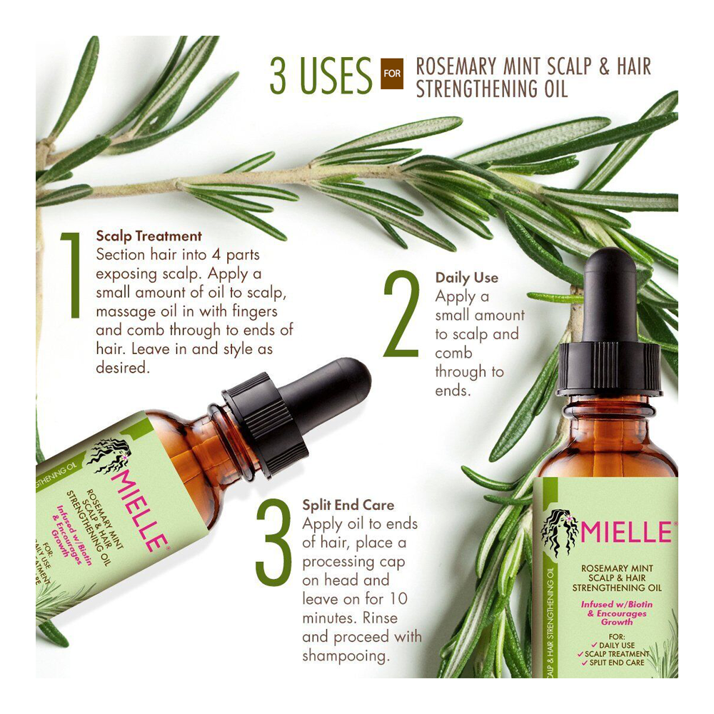 Mielle Rosemary Mint Oil 3 uses: scalp treatment, daily oiling, and split end care for nourished hair and scalp health
