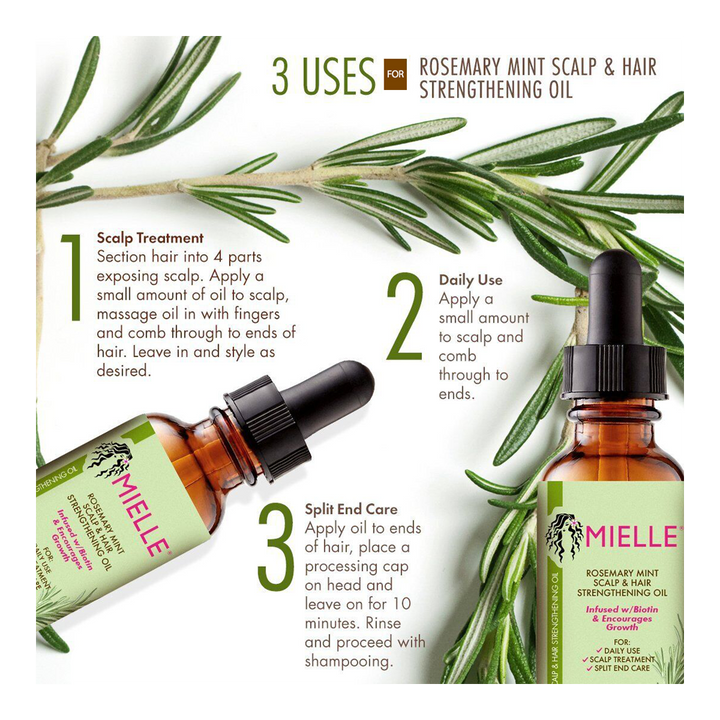 Mielle Rosemary Mint Oil 3 uses: scalp treatment, daily oiling, and split end care for nourished hair and scalp health