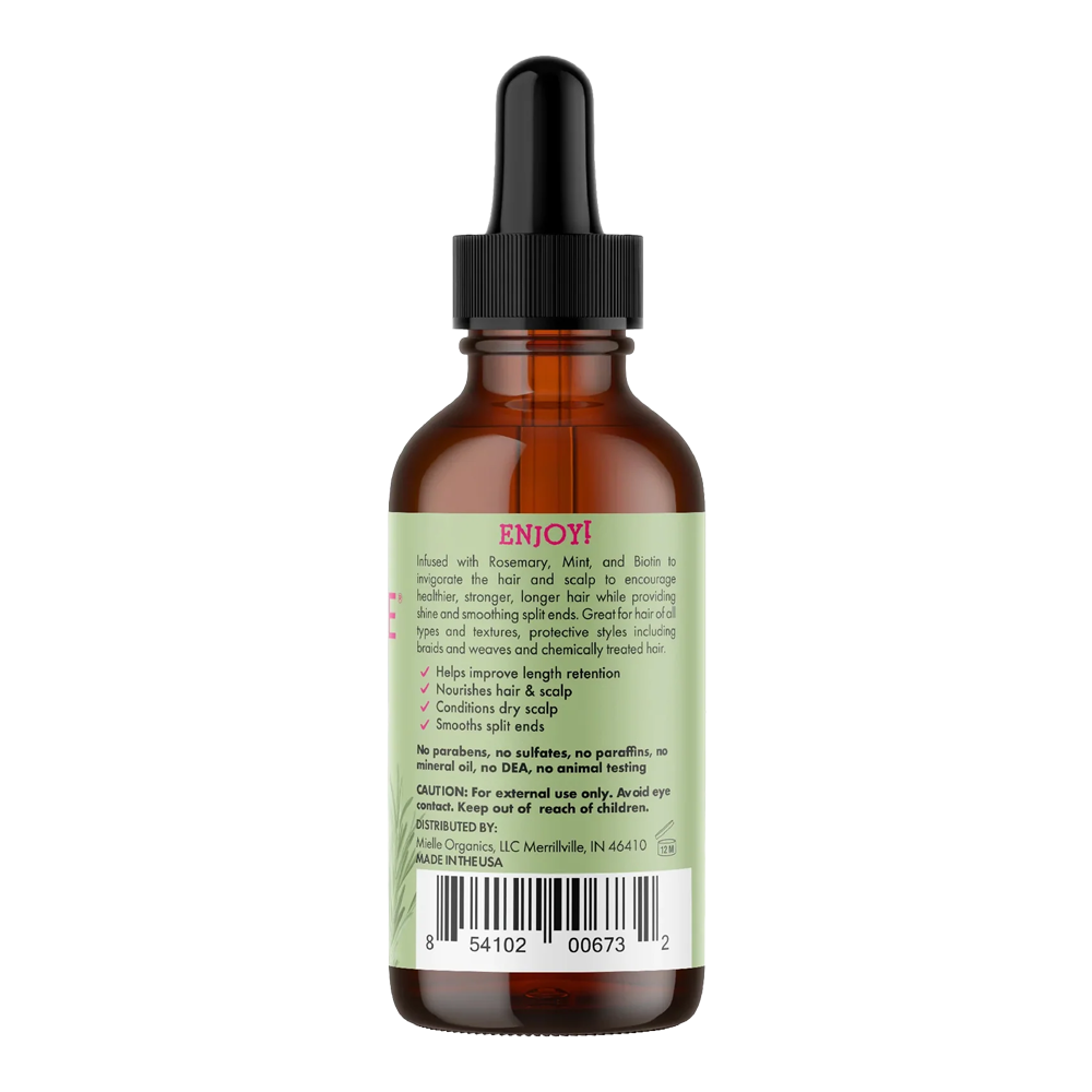Mielle Rosemary Mint Oil bottle dispensing a drop with biotin and essential oils for scalp and hair health