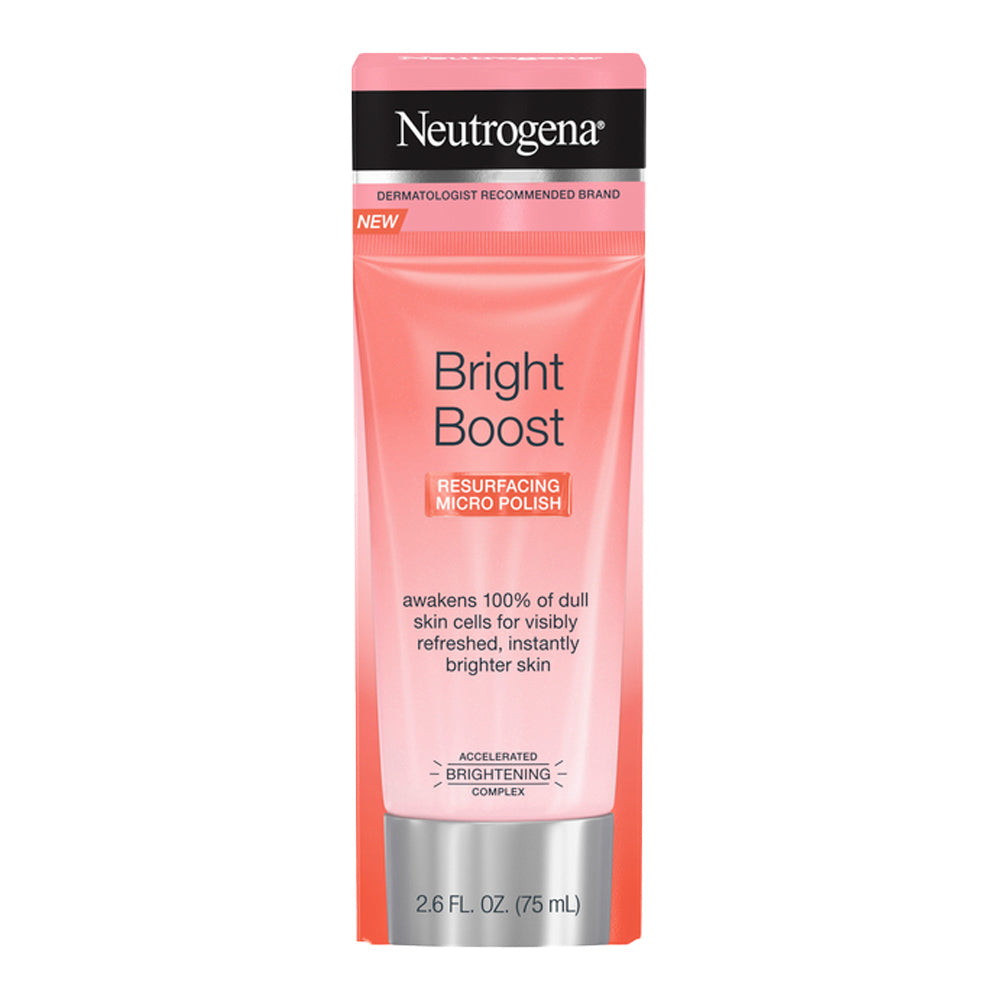 Squeeze of Neutrogena Bright Boost Micro Polish shows creamy formula with exfoliating beads for resurfacing and radiant skin.