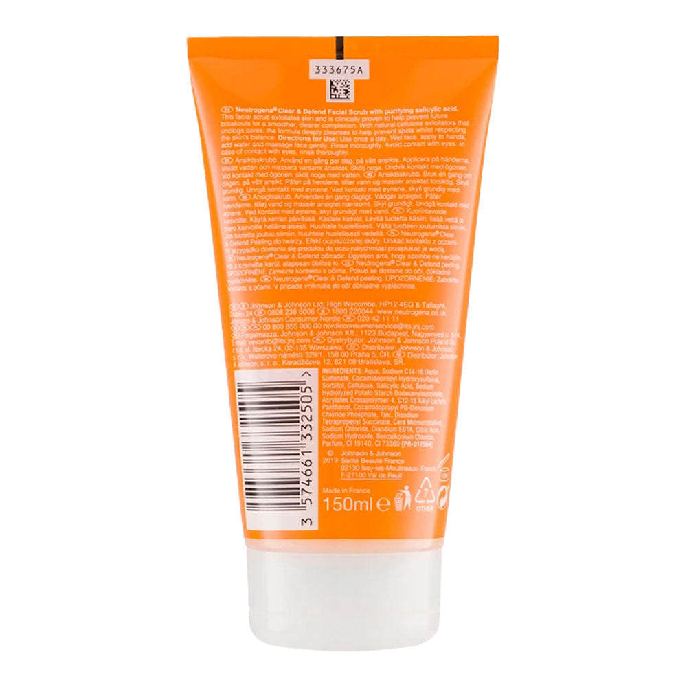 Neutrogena Clear & Defend Daily Facial Scrub — back label showing ingredients and directions, acne scrub, Blush Fiji