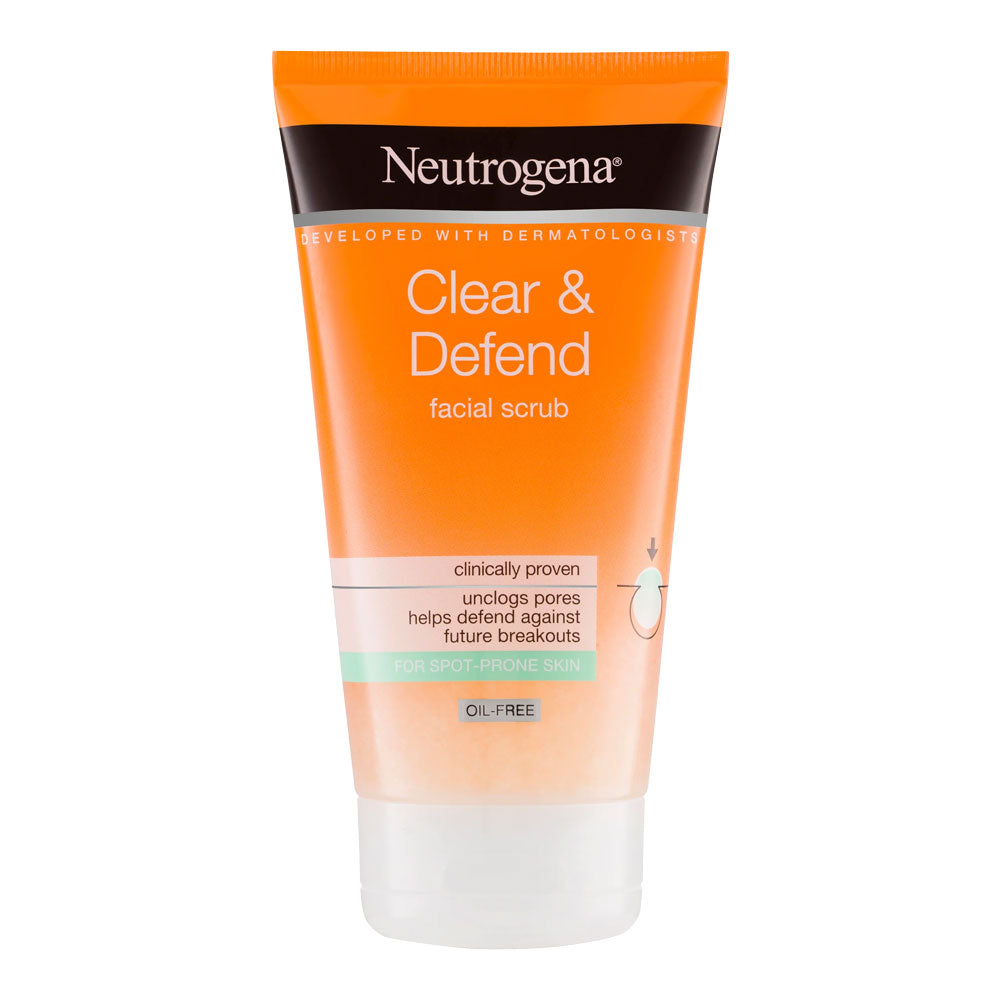 Neutrogena Clear & Defend Daily Facial Scrub — front pack for spot-prone skin, acne defense, daily exfoliation, Blush Fiji