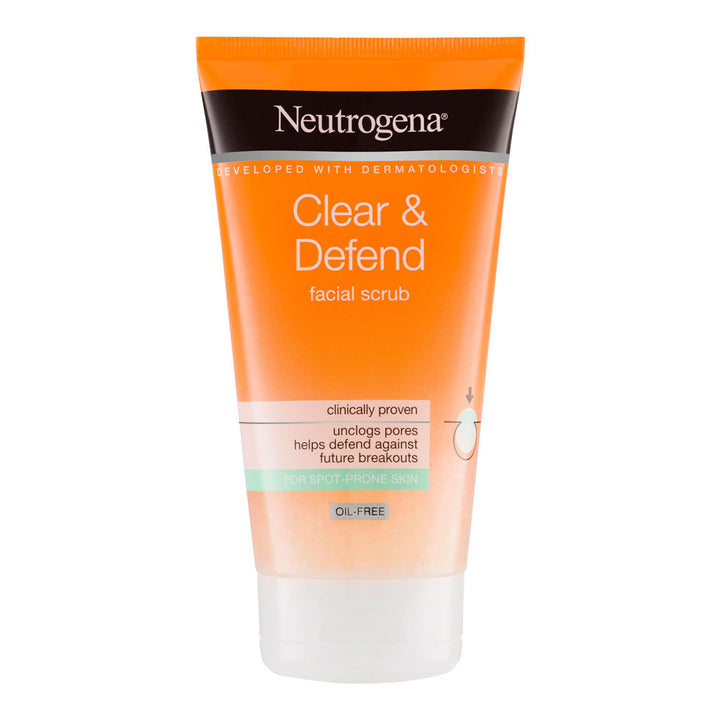 Neutrogena Clear & Defend Daily Facial Scrub — front pack for spot-prone skin, acne defense, daily exfoliation, Blush Fiji