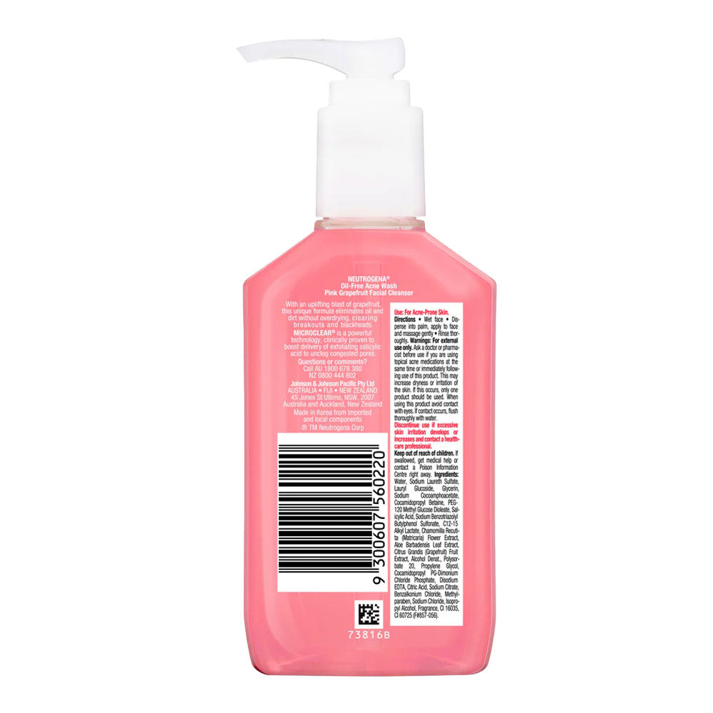 Neutrogena Pink Grapefruit Acne Cleanser back label with ingredients list and directions, oil-free skincare, Blush Fiji