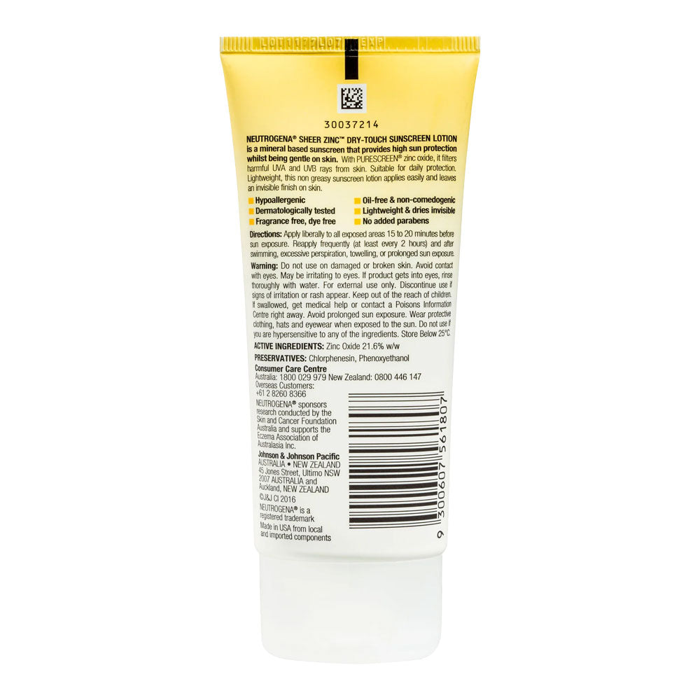 Neutrogena Sheer Zinc Dry-Touch Sunscreen SPF50 lotion back view – ingredients, usage instructions, 88ml Blush Fiji