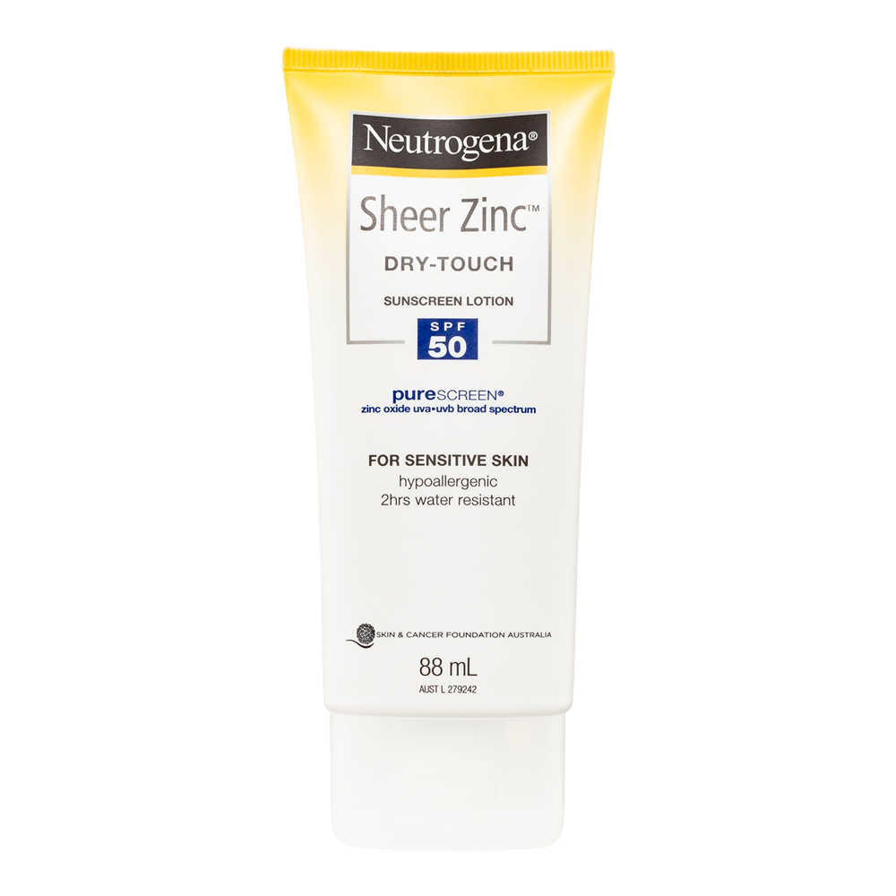Neutrogena Sheer Zinc Dry-Touch Sunscreen SPF50 lotion front view – mineral, matte, water resistant, 88ml Blush Fiji