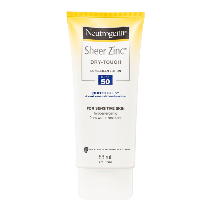 Neutrogena Sheer Zinc Dry-Touch Sunscreen SPF50 lotion front view – mineral, matte, water resistant, 88ml Blush Fiji
