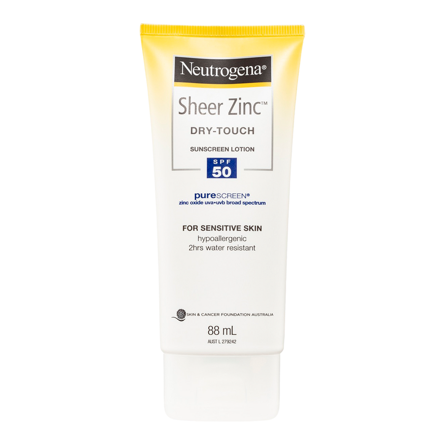 Neutrogena Sheer Zinc Dry-Touch Sunscreen SPF50 lotion front view – mineral, matte, water resistant, 88ml Blush Fiji