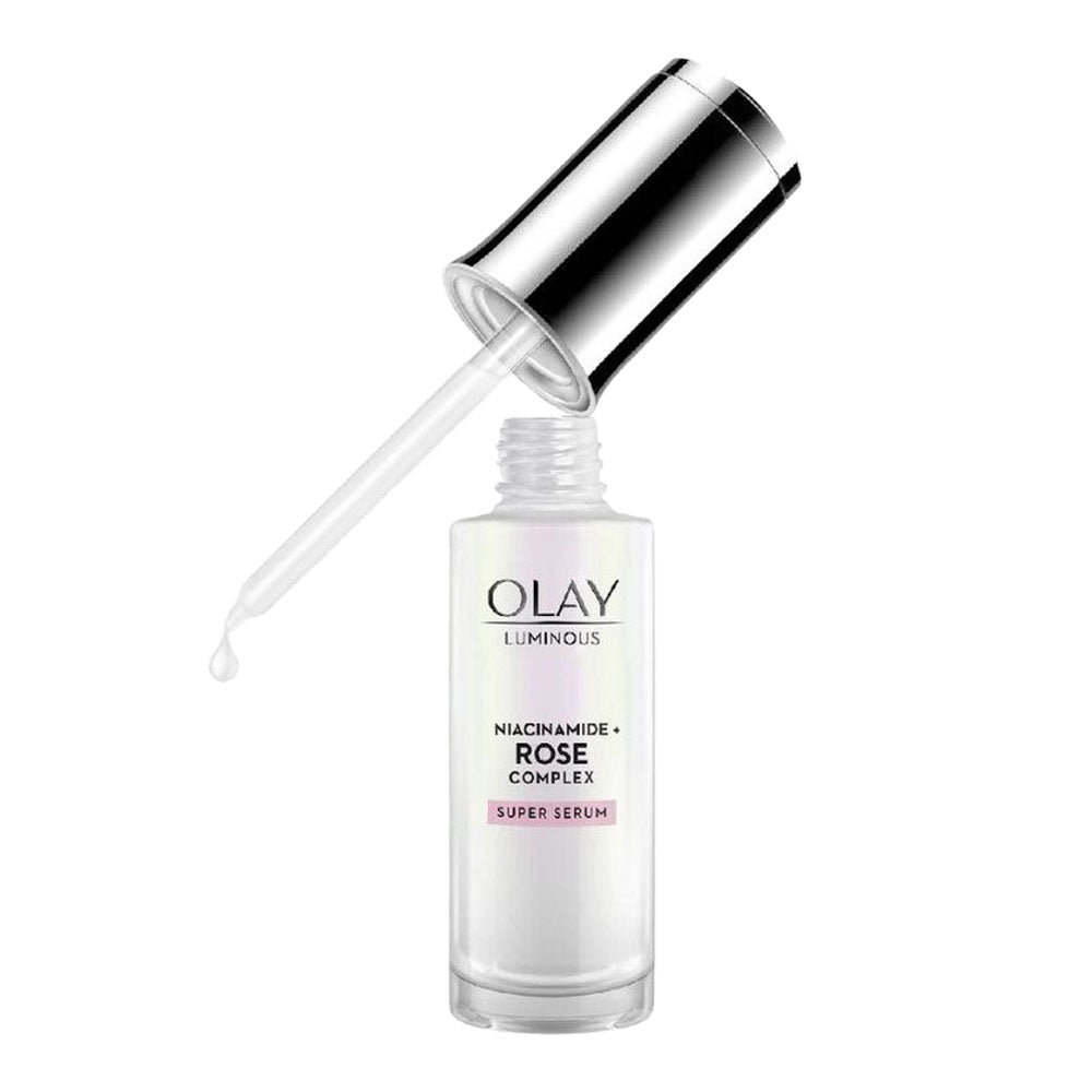 Olay Luminous Niacinamide and Rose Complex Super Serum open lid showing lightweight brightening serum texture