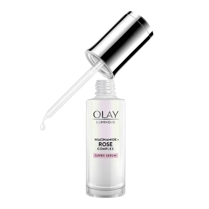 Olay Luminous Niacinamide and Rose Complex Super Serum open lid showing lightweight brightening serum texture