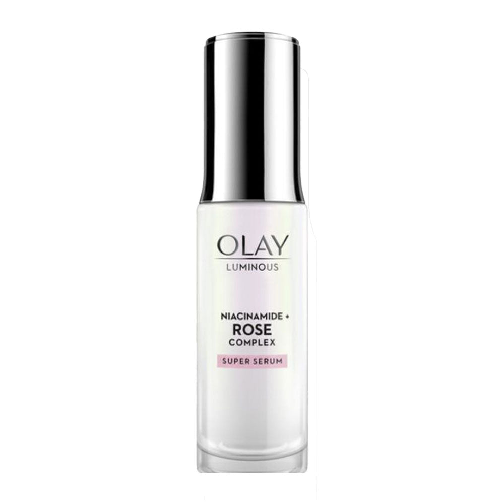 Olay Luminous Niacinamide and Rose Complex Super Serum unboxed front view showing brightening radiance formula