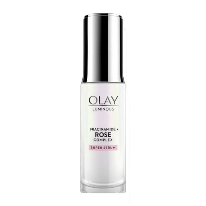 Olay Luminous Niacinamide and Rose Complex Super Serum unboxed front view showing brightening radiance formula
