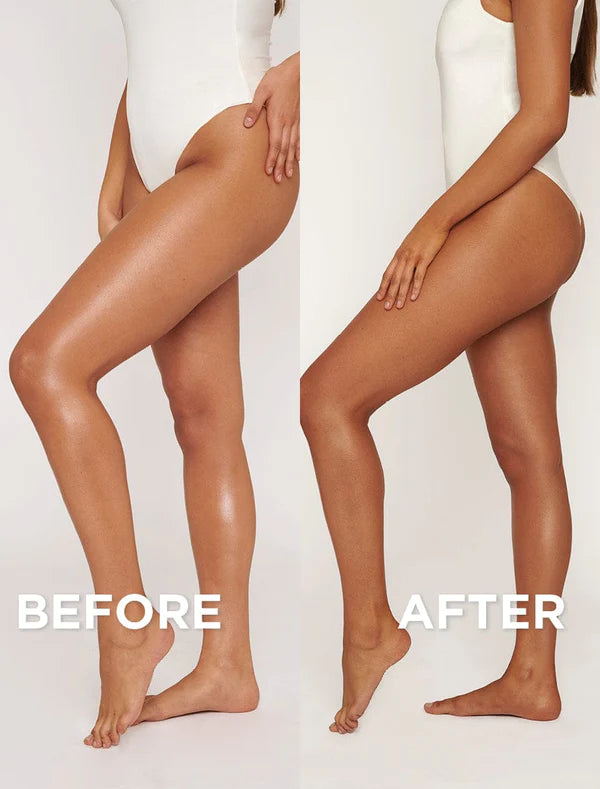 Before and after application of Bondi Sands Pure Self Tan Water Dark showing deep, hydrating golden glow on skin after use