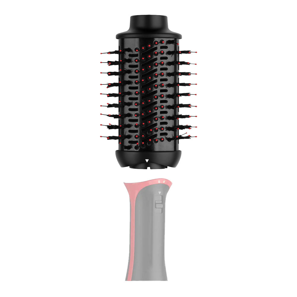 Revlon 61mm brush shown connected to Volumiser PLUS power handle — close-up of detachable locking design and secure fit