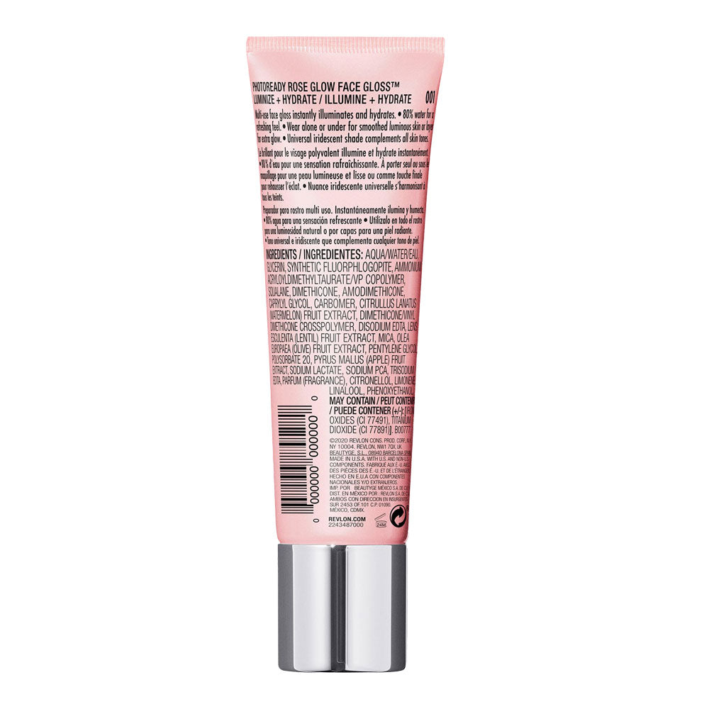 Revlon PhotoReady Rose Glow Face Gloss back of packaging showing ingredient list and usage details