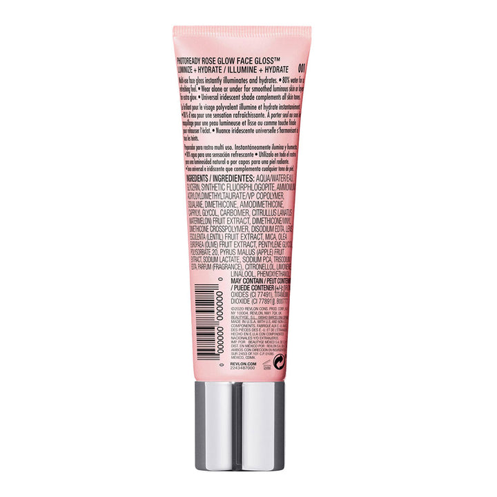 Revlon PhotoReady Rose Glow Face Gloss back of packaging showing ingredient list and usage details