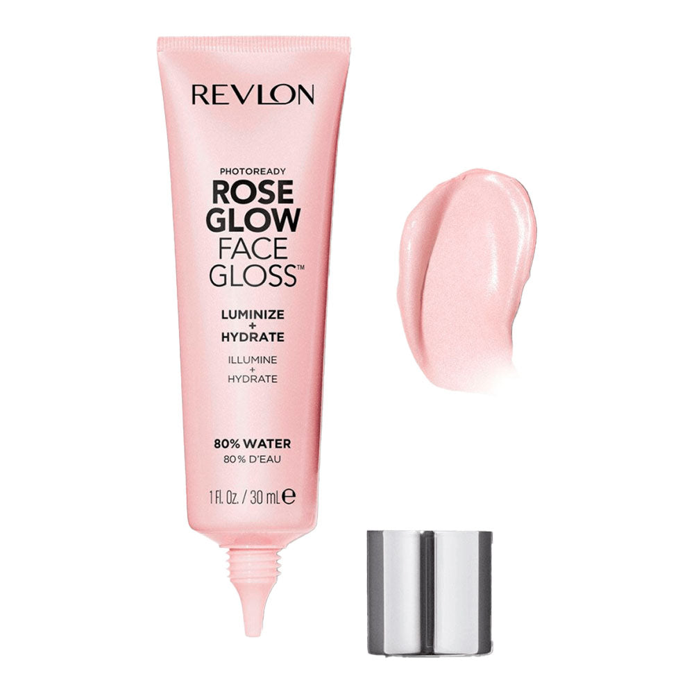 Revlon PhotoReady Rose Glow Face Gloss open with swatch showing glossy, hydrating texture