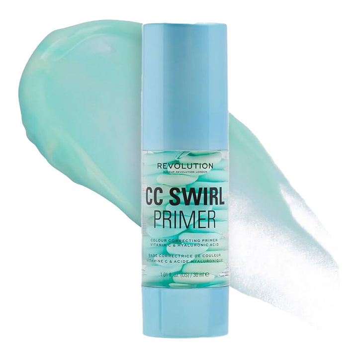 Revolution CC Swirl Primer swatch, colour-correcting primer, pore-blurring oil control, matte base – Blush Fiji