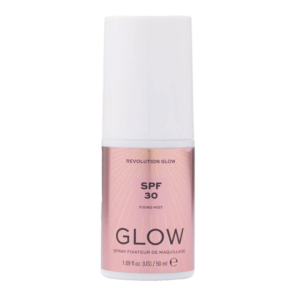 Revolution Glow SPF 30 Fixing Spray broad-spectrum UVA UVB protection with light-reflecting pigments for radiant glow
