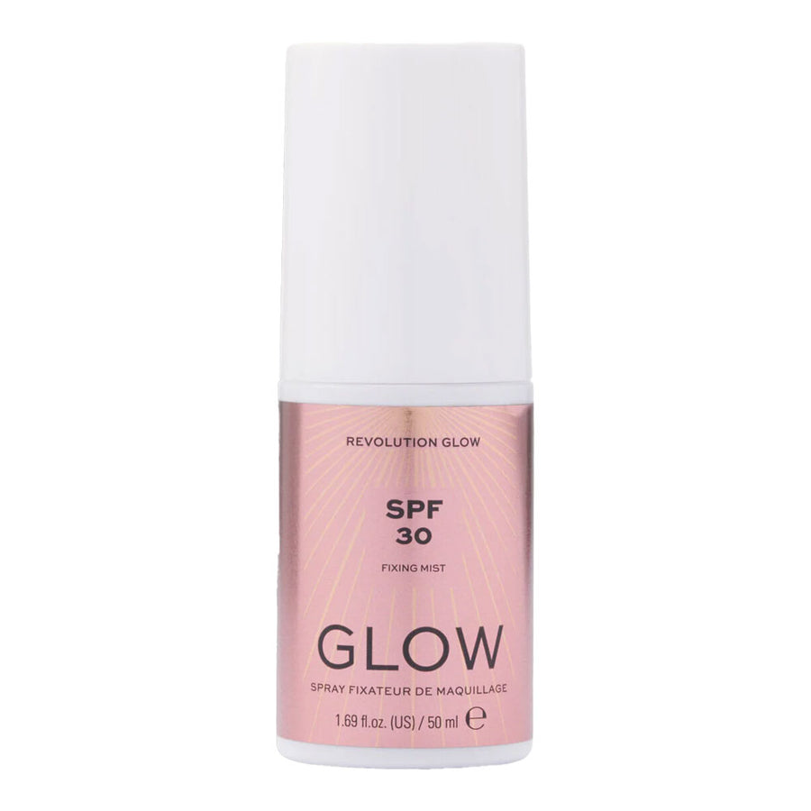 Revolution Glow SPF 30 Fixing Spray broad-spectrum UVA UVB protection with light-reflecting pigments for radiant glow