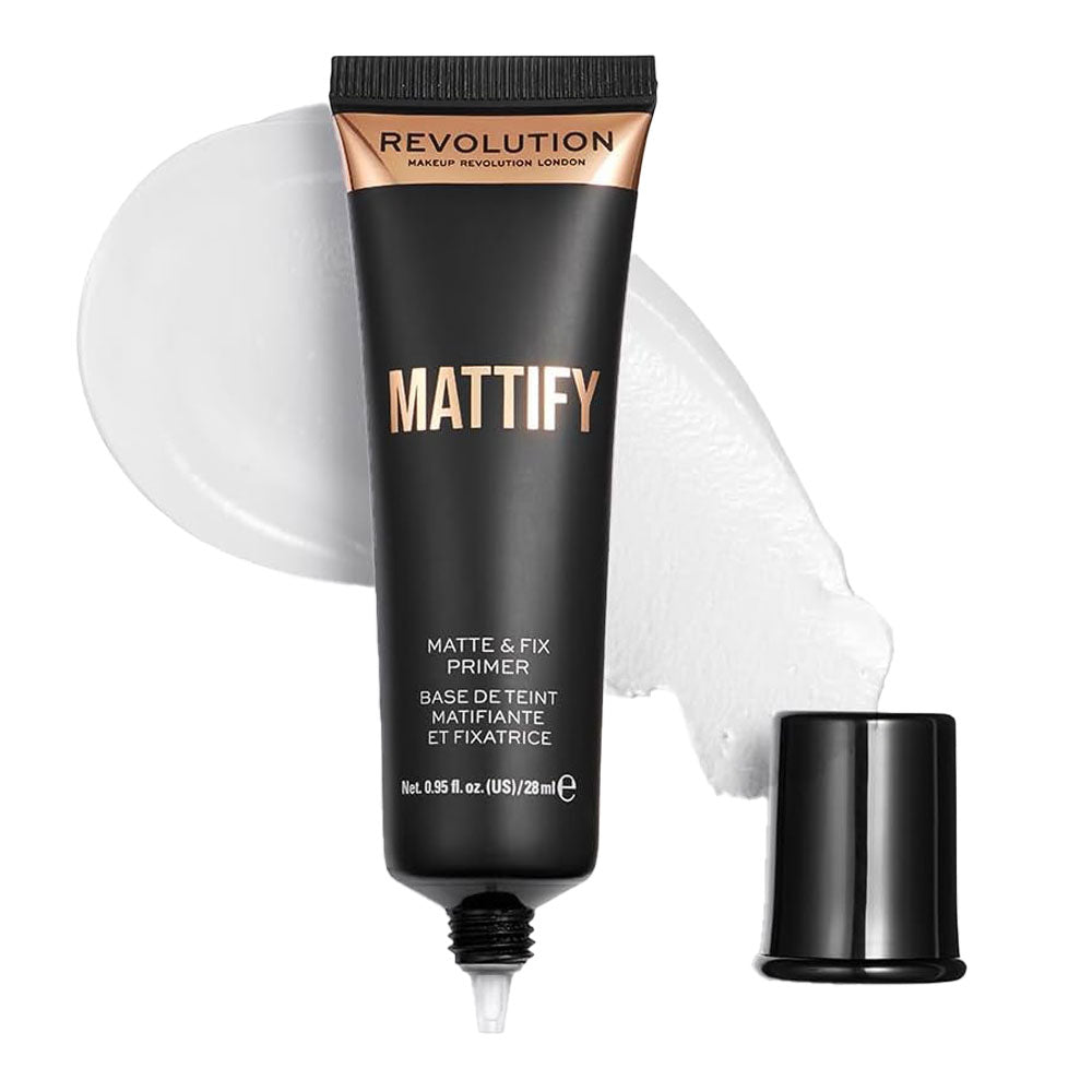 Revolution Mattify Matte & Fix Primer swatch texture, lightweight gel matte formula, pore-blurring oil control – Blush Fiji