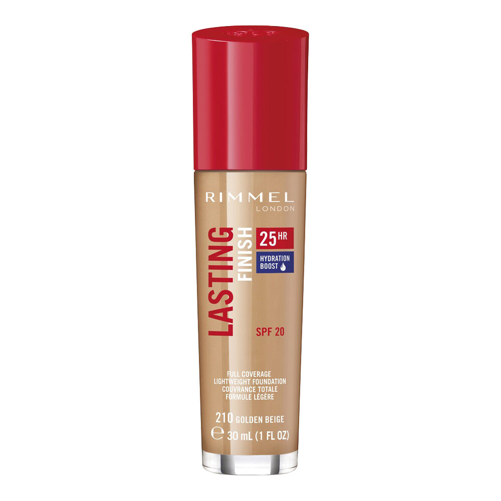 Rimmel Lasting Finish 25HR Foundation 210 GOLDEN BEIGE, full coverage liquid foundation with comfort serum Blush Fiji