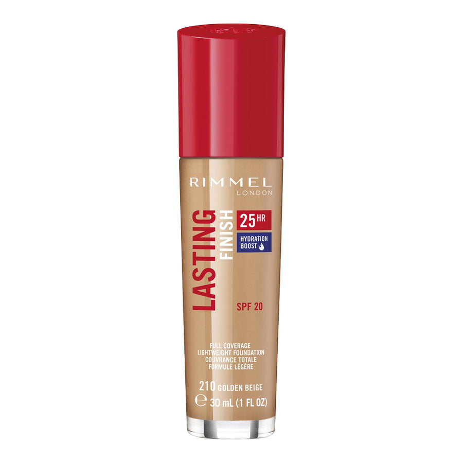 Rimmel Lasting Finish 25HR Foundation 210 GOLDEN BEIGE, full coverage liquid foundation with comfort serum Blush Fiji