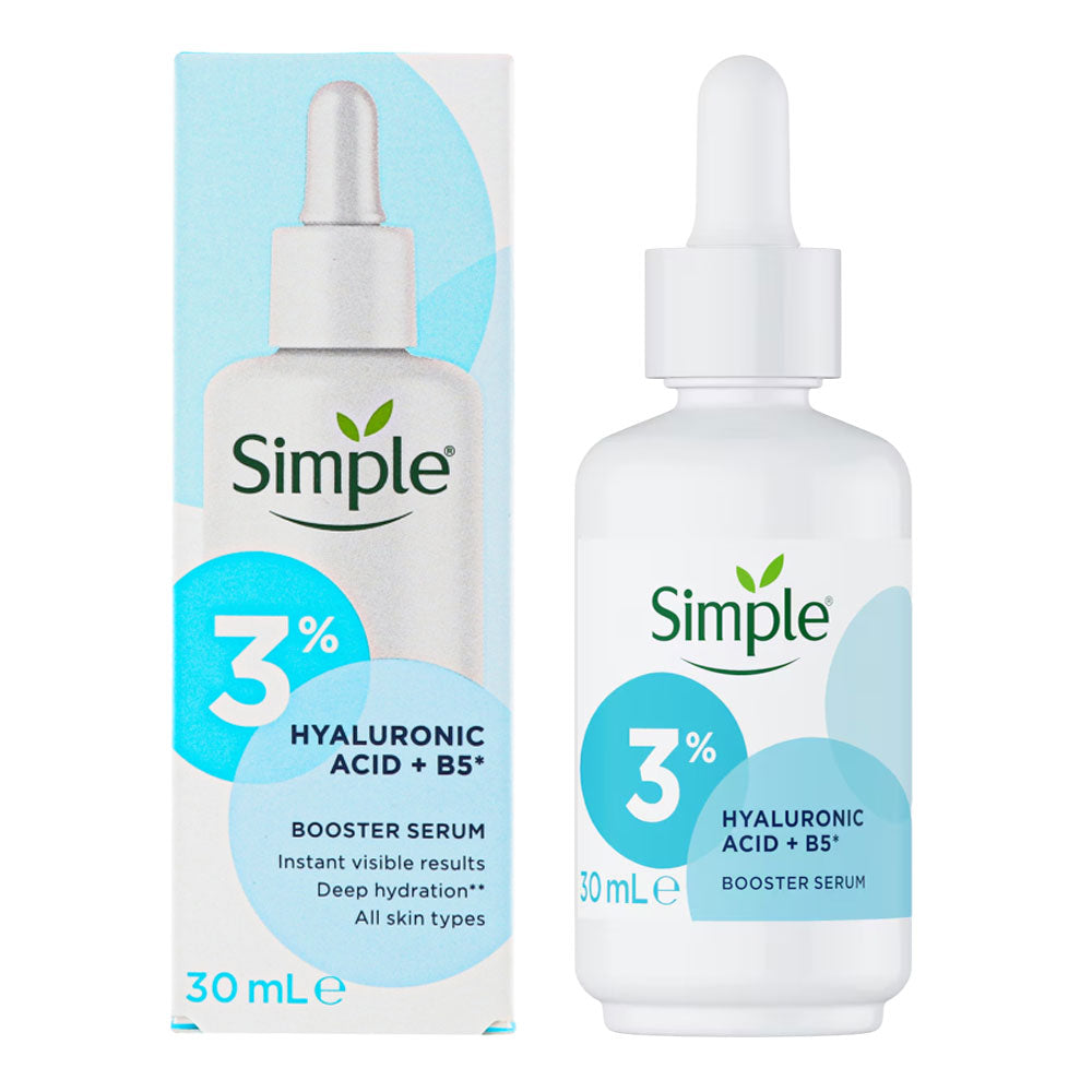 Simple 3% Hyaluronic Acid & B5 Booster Serum hero image showing hydrating skincare serum bottle