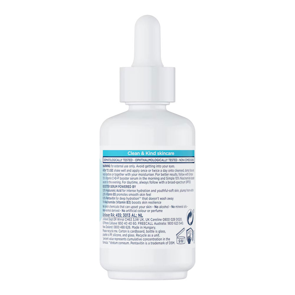 Simple 3% Hyaluronic Acid & B5 Booster Serum unboxed back showing ingredient list and usage directions