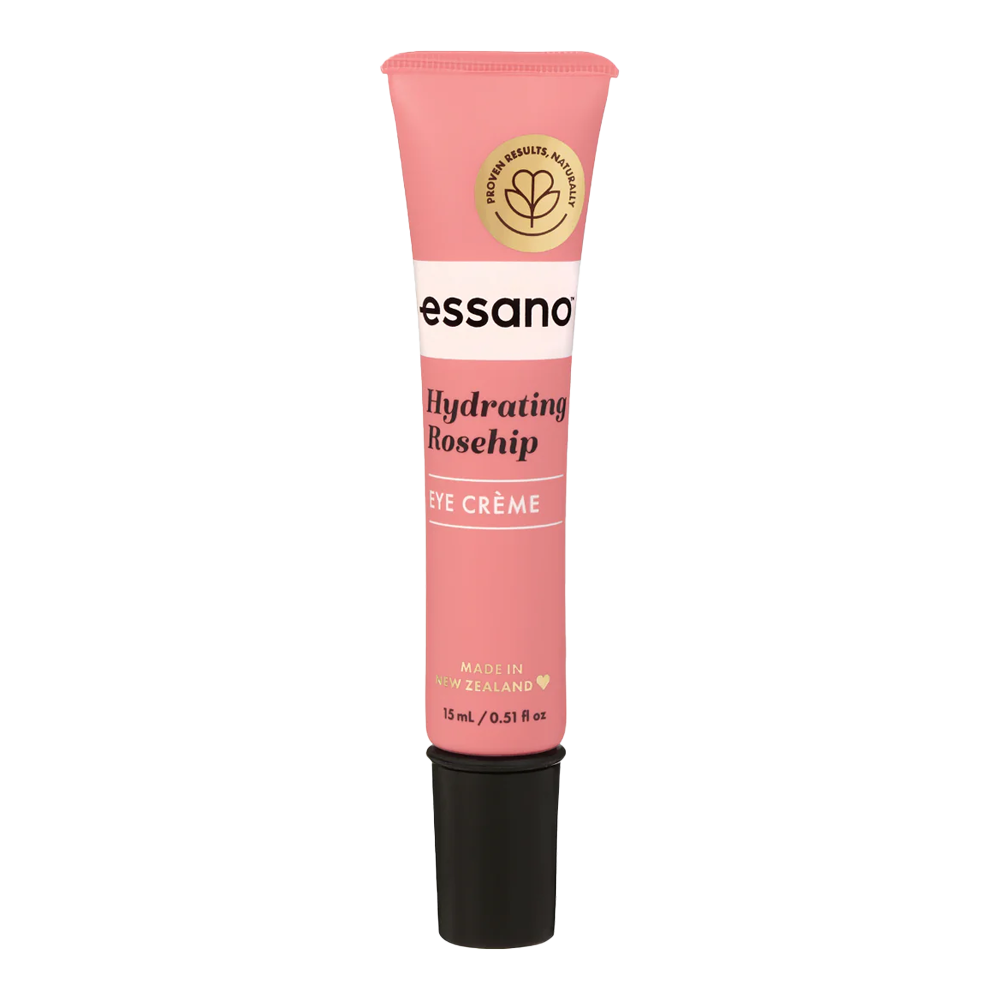 Essano Hydrating Rosehip Eye Cream for moisturising, reducing puffiness, and nourishing delicate skin around the eyes.