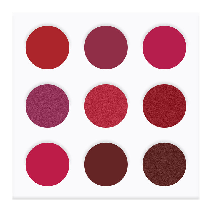 EYECONIQ 9pc RED palette with deep matte, shimmer, and glitter tones—vegan, longwear, Blush Fiji exclusive

