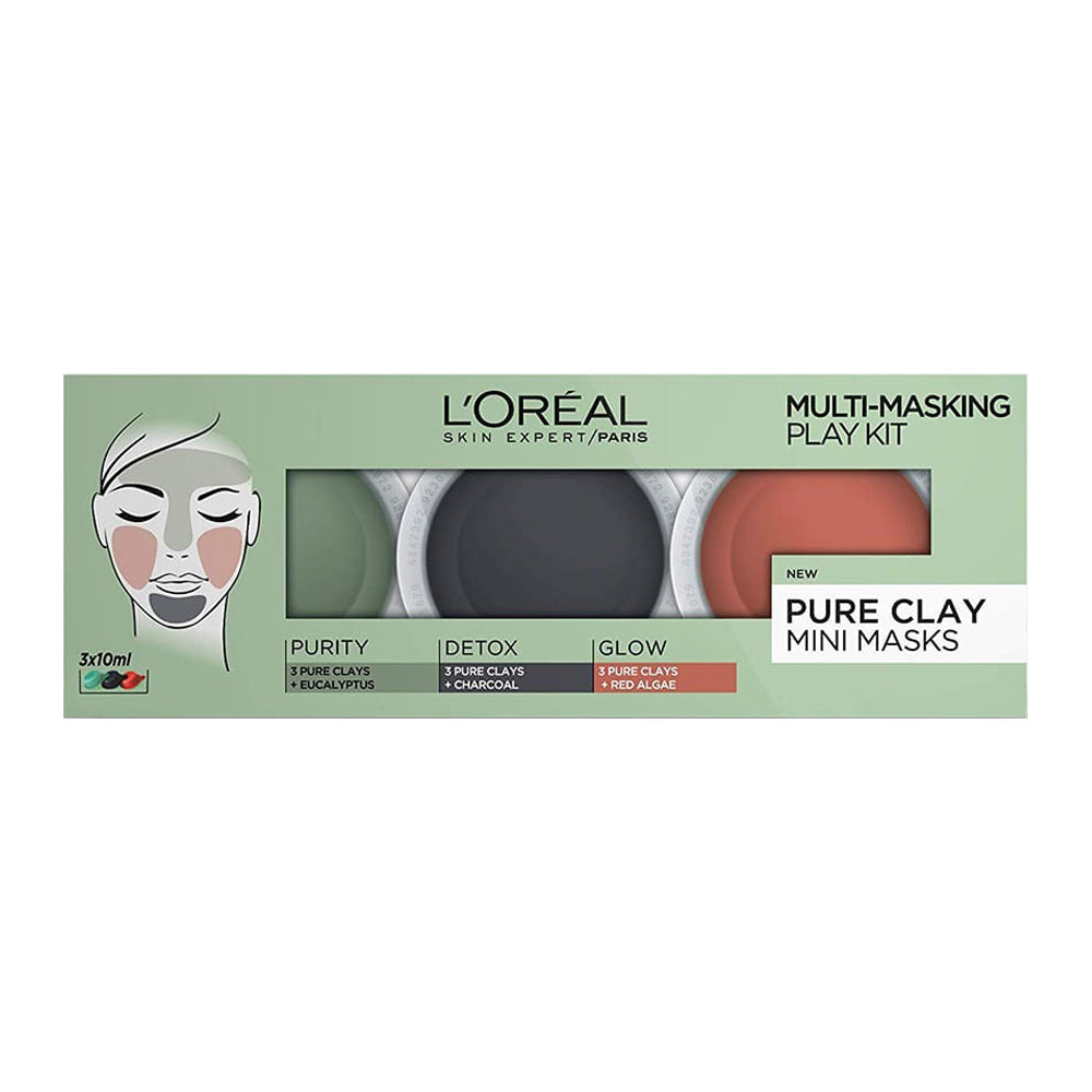 L’Oréal Pure Clay Mini Masks Multi-Masking Play Kit – 3 pure clays with eucalyptus, red algae, charcoal masks, Blush Fiji