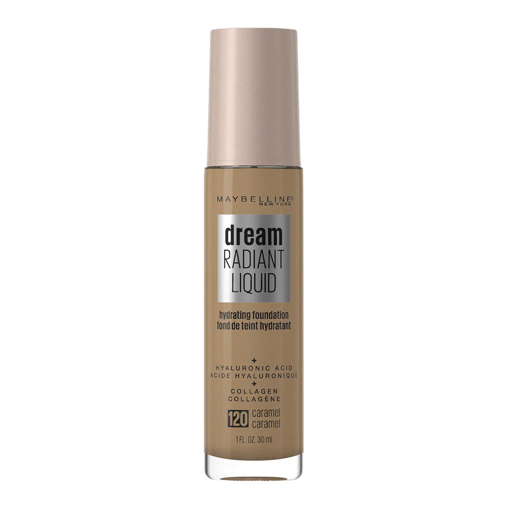 Maybelline Dream Radiant Liquid Foundation shade 120 Caramel with radiant coverage, hyaluronic acid and 12HR hydration