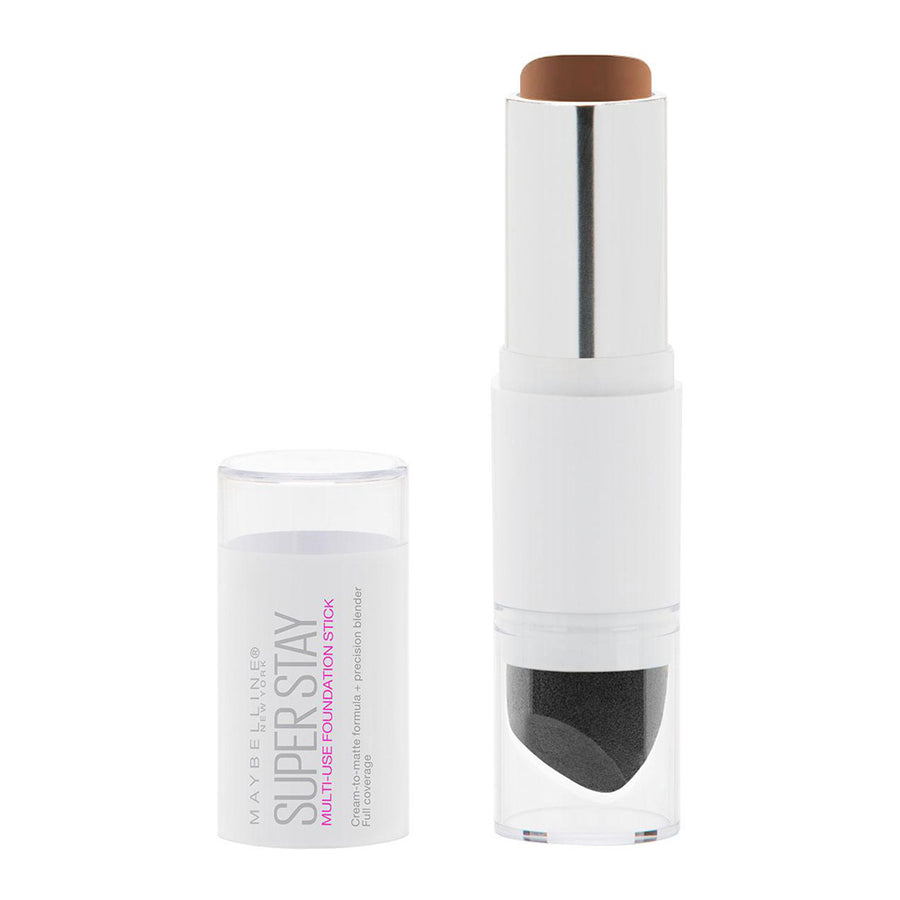Maybelline Foundation Stick in 360 MOCHA with cream-to-matte finish and pointed sponge for fast, multi-use concealing and contouring