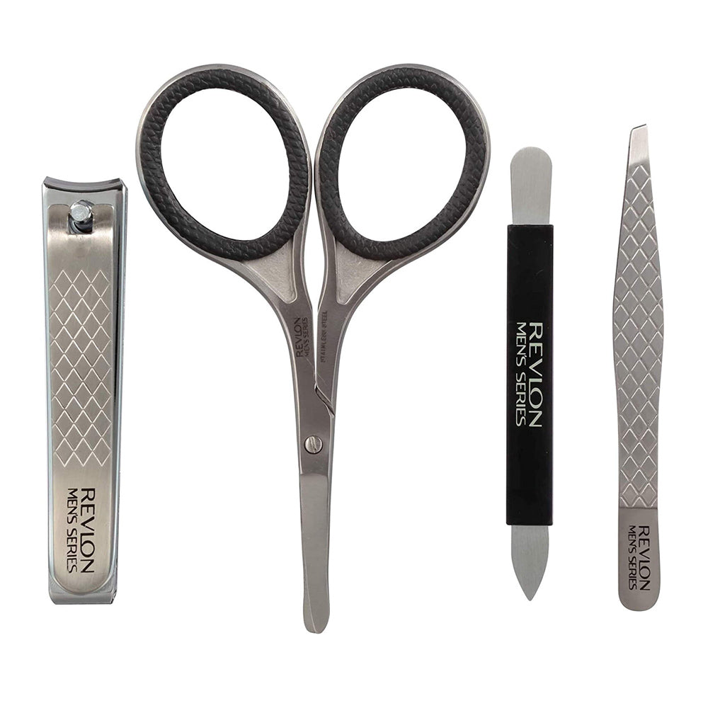 Unboxed Revlon Men's Grooming Kit showing 4 stainless tools: scissors, nail clipper, tweezers, and nail file on display