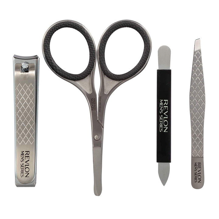 Unboxed Revlon Men's Grooming Kit showing 4 stainless tools: scissors, nail clipper, tweezers, and nail file on display